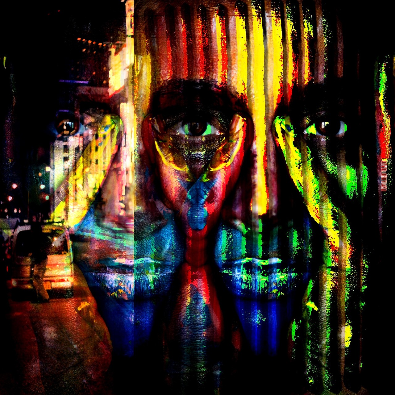 a painting of a man's face on the side of a building, cyberpunk art, inspired by Ed Paschke, hdr refractions, twins, people at night, hi resolution