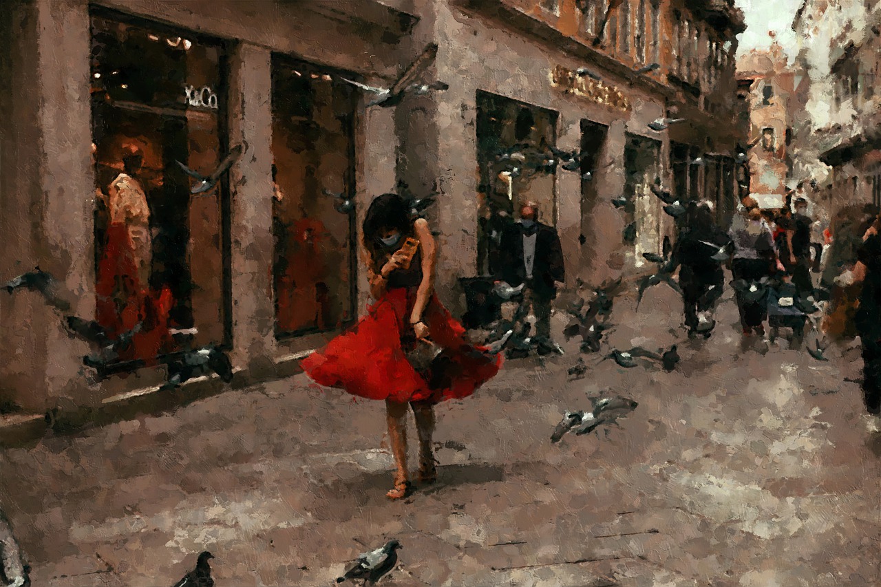 a painting of a woman in a red dress surrounded by pigeons, a digital painting, inspired by George Hendrik Breitner, figurative art, walking on the street, wadim kashin. ultra realistic, romantic impressionism, digital painting of zurich