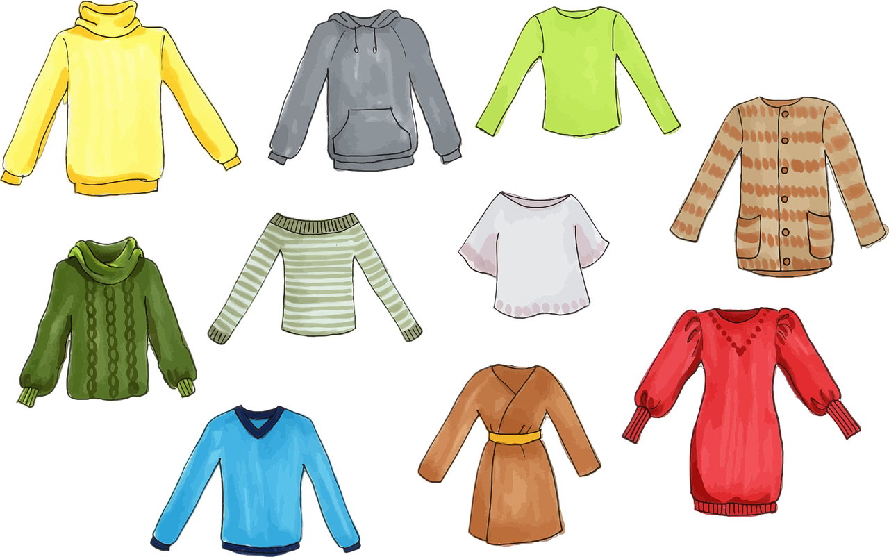 a bunch of different colored clothes on a black background, a sketch, inspired by Masamitsu Ōta, trending on pixabay, mingei, sweater, cute:2, warm color clothes, digitally painted