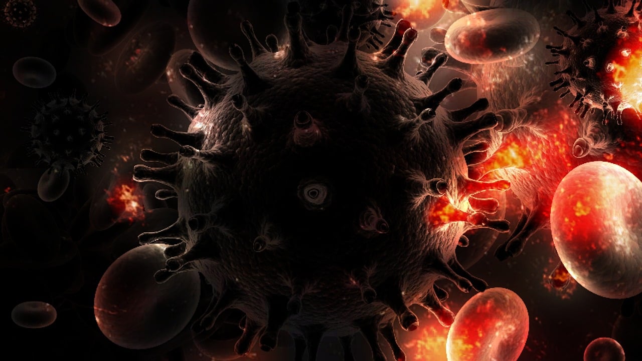 a computer generated image of a corona cell, digital art, by Lisa Nankivil, flickr, bloodbath battlefield background, background image, background ( dark _ smokiness ), coronavirus