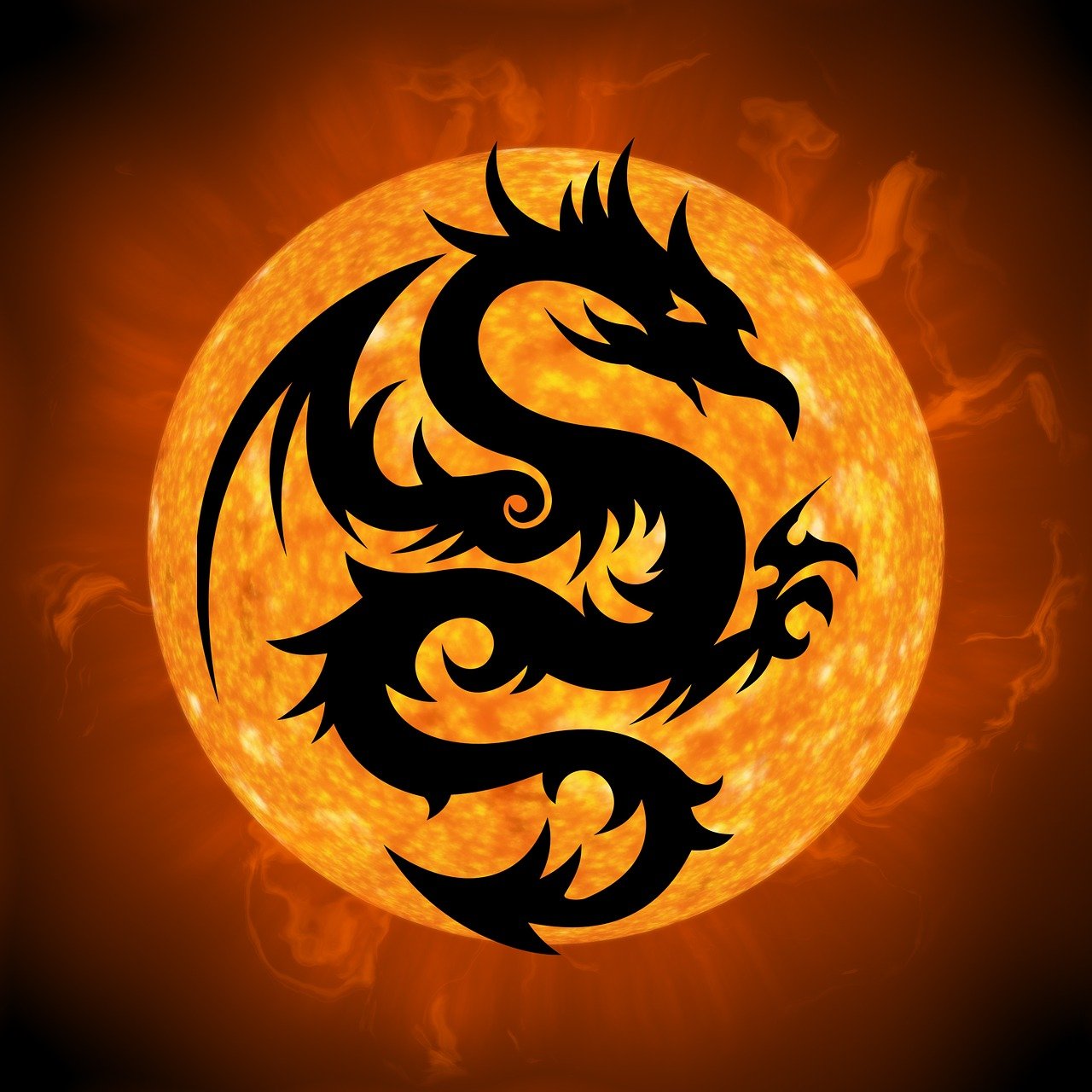 a silhouette of a dragon in front of a full moon, inspired by Xie Sun, glowing hot sun, the order of the burning shadow, solar flare, black orb of fire