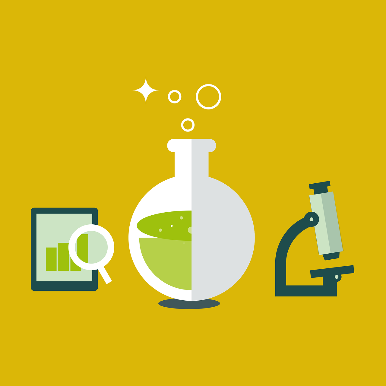 a microscope, a test tube, and a magnifying glass on a yellow background, an illustration of, shutterstock, analytical art, simple 2d flat design, full of greenish liquid, focus illustration, stats