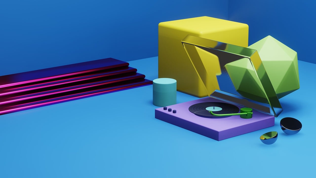 a record player sitting on top of a table, a 3D render, inspired by Herbert Bayer, trending on polycount, digital art, colorful plastic, various items, geometric abstraction, laquer and steel