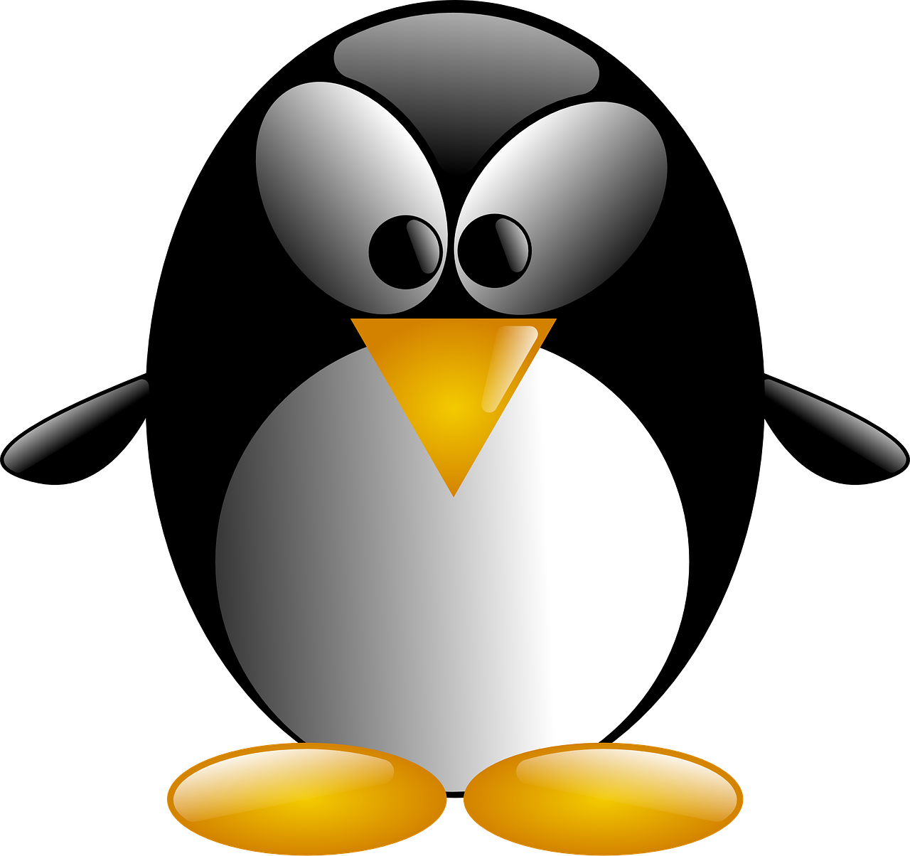 a black and white penguin with a yellow beak, by Andrei Kolkoutine, pixabay, computer art, shiny silver, processor, cartoonish cute, with a black background