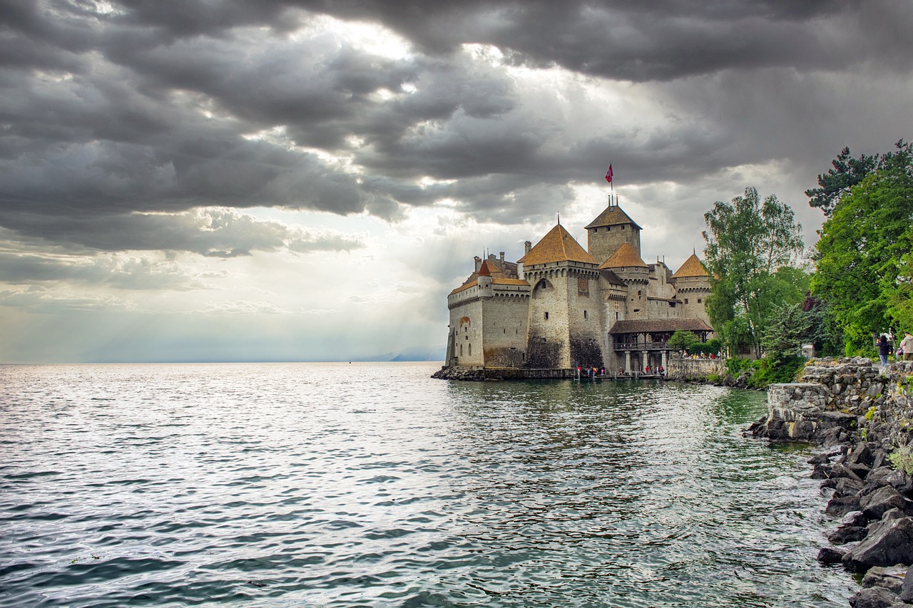 a castle sitting on top of a body of water, by Cafer Bater, shutterstock, overcast lake, against a stormy sky, swiss modernizm, brown