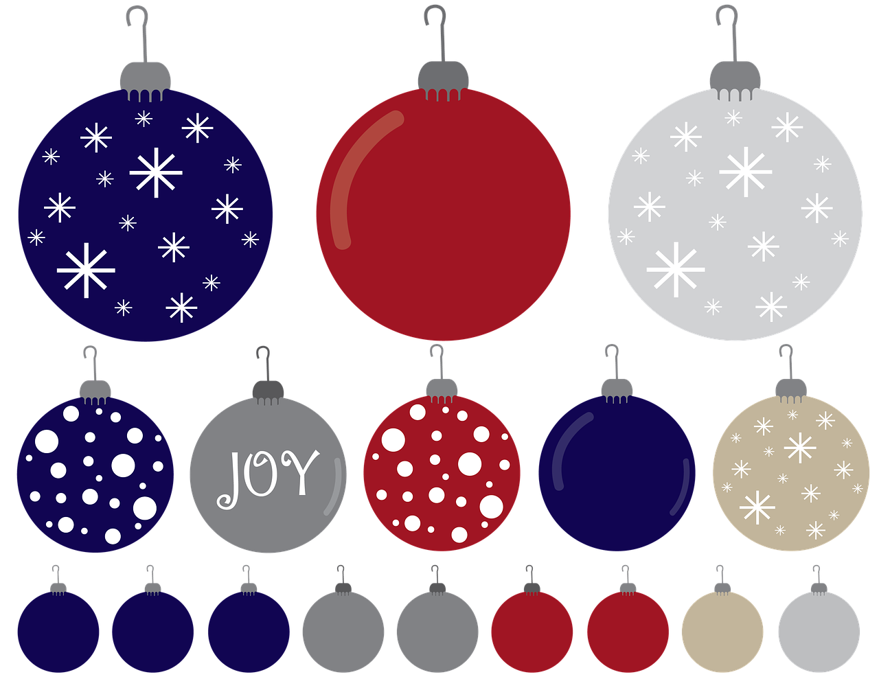 a variety of christmas ornaments on a black background, by Paul Davis, process art, red + black + dark blue + beige, clip art, red and grey only, joy