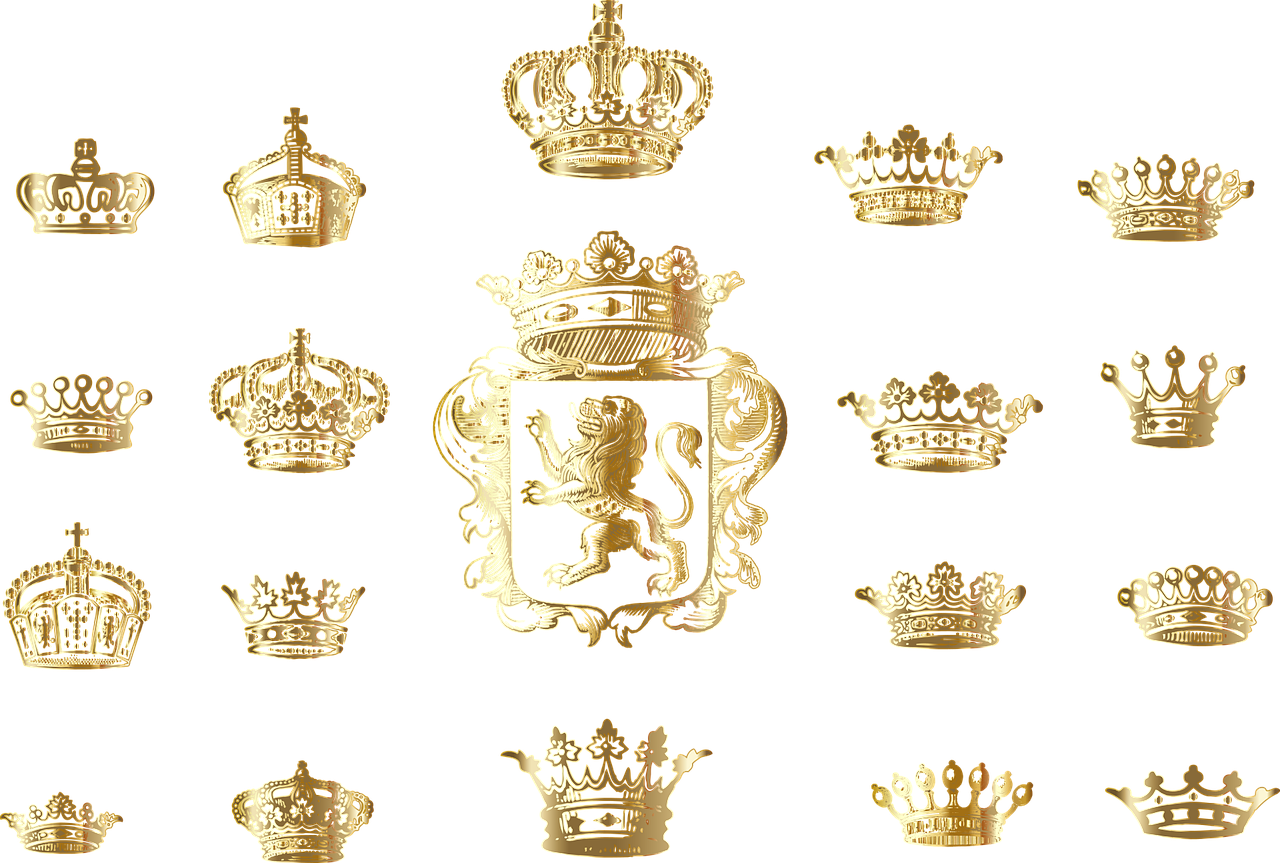 a bunch of gold crowns on a black background, digital art, by Dirck van Delen, deviantart, baroque, family crest, set 1 8 6 0, 3 d models, screen cap