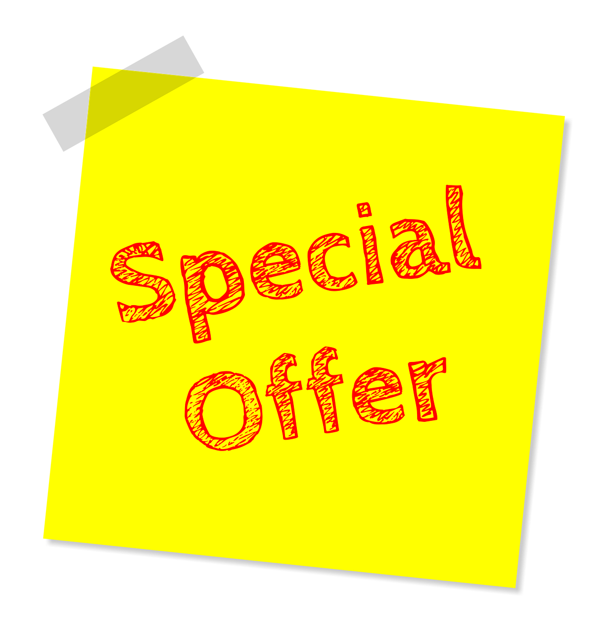 a sticky paper with the words special offer written on it, pixabay, hansa yellow, avatar image, yellow artificial lighting, jpeg artifact