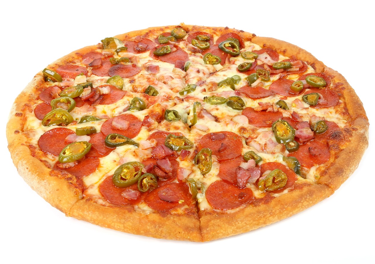 a pizza with pepperoni, jalapenos, and other toppings, high res photo, h 1 0 2 4, meat, james zapata
