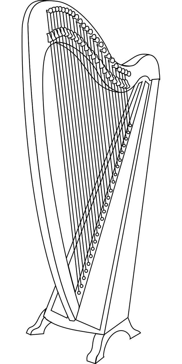 a black and white drawing of a harp, lineart, inspired by João Artur da Silva, deviantart, hurufiyya, black backround. inkscape, ireland, flag, 4k detail