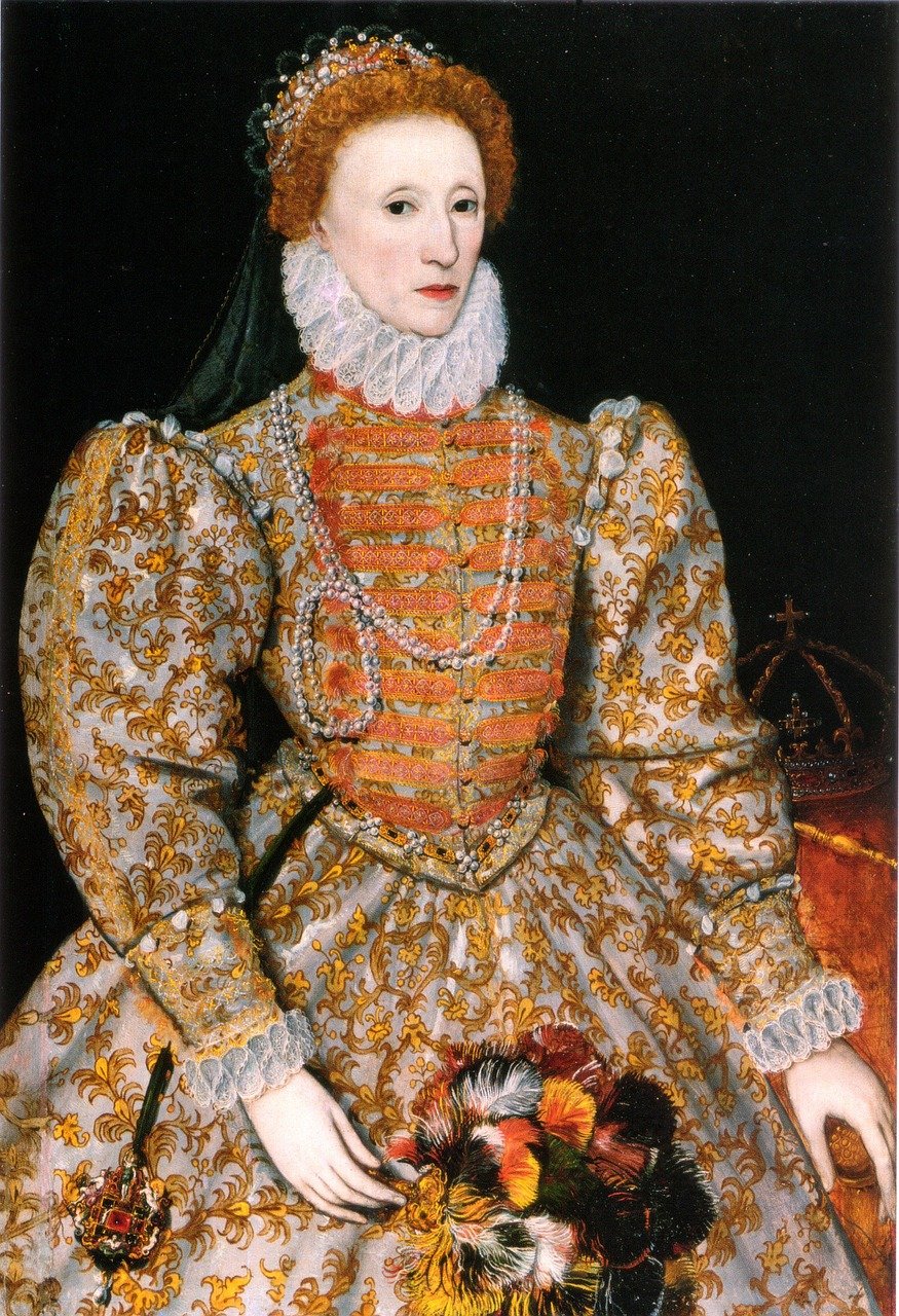 a painting of a woman holding a bouquet of flowers, a portrait, inspired by Lucas Cranach the Younger, portrait of queen elizabeth ii, wearing a dress made of beads, seated in royal ease, wearing intricate fur armor