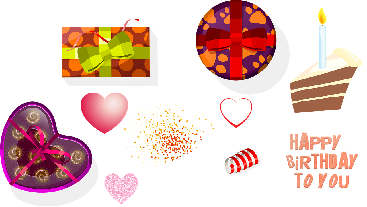a bunch of birthday items on a black background, by Valentine Hugo, trending on pixabay, pop art, (heart), spritesheet, giving gifts to people, beads