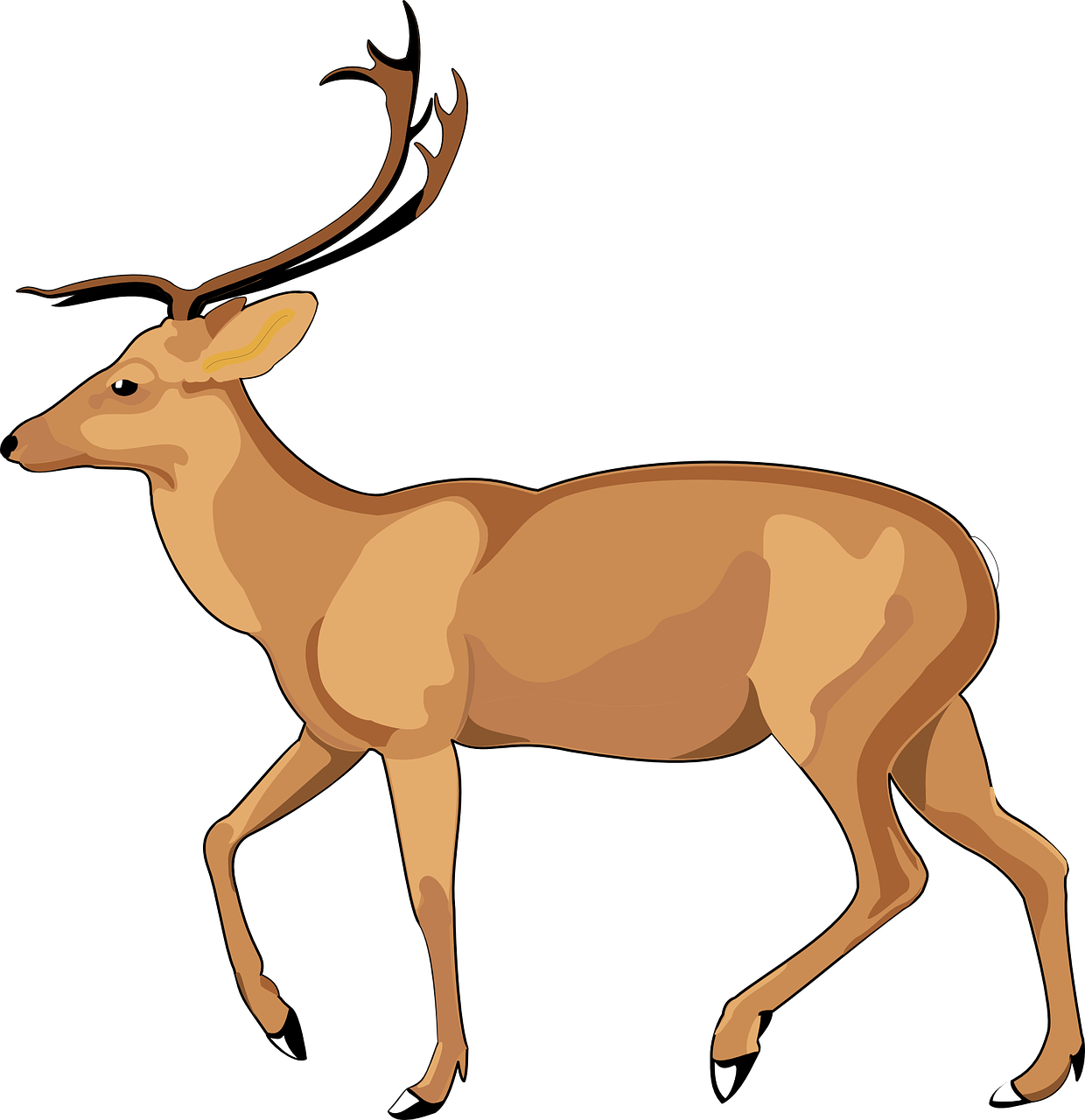 a close up of a deer on a black background, an illustration of, mingei, side view centered, walk, fully colored, stylised illustration