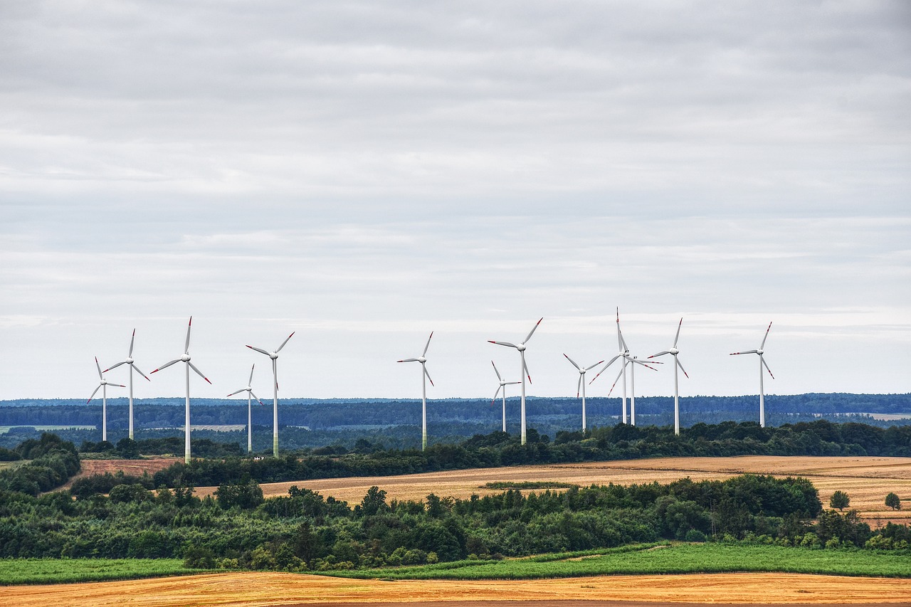 a group of wind turbines sitting on top of a lush green field, a stock photo, by Thomas Häfner, telephoto long distance shot, epic ultrawide shot, traveling in france, forest on the horizont