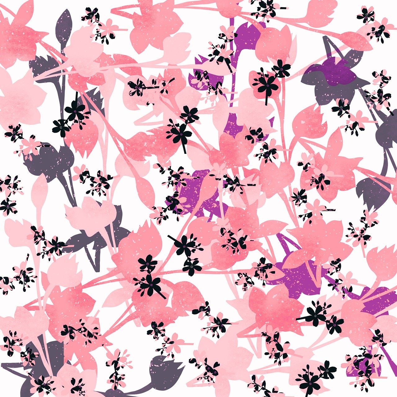 a pattern of flowers and birds on a white background, concept art, inspired by James Brooks, pink mist, splatter paint on paper, plum blossom, scrapbook paper collage