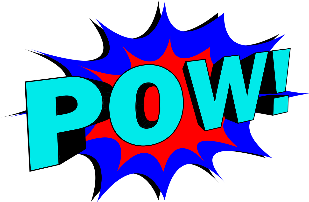 a blue and red pow sign on a black background, a comic book panel, by Robert Richenburg, pixabay, words, wide shot!!!!!!, poppy, powering up
