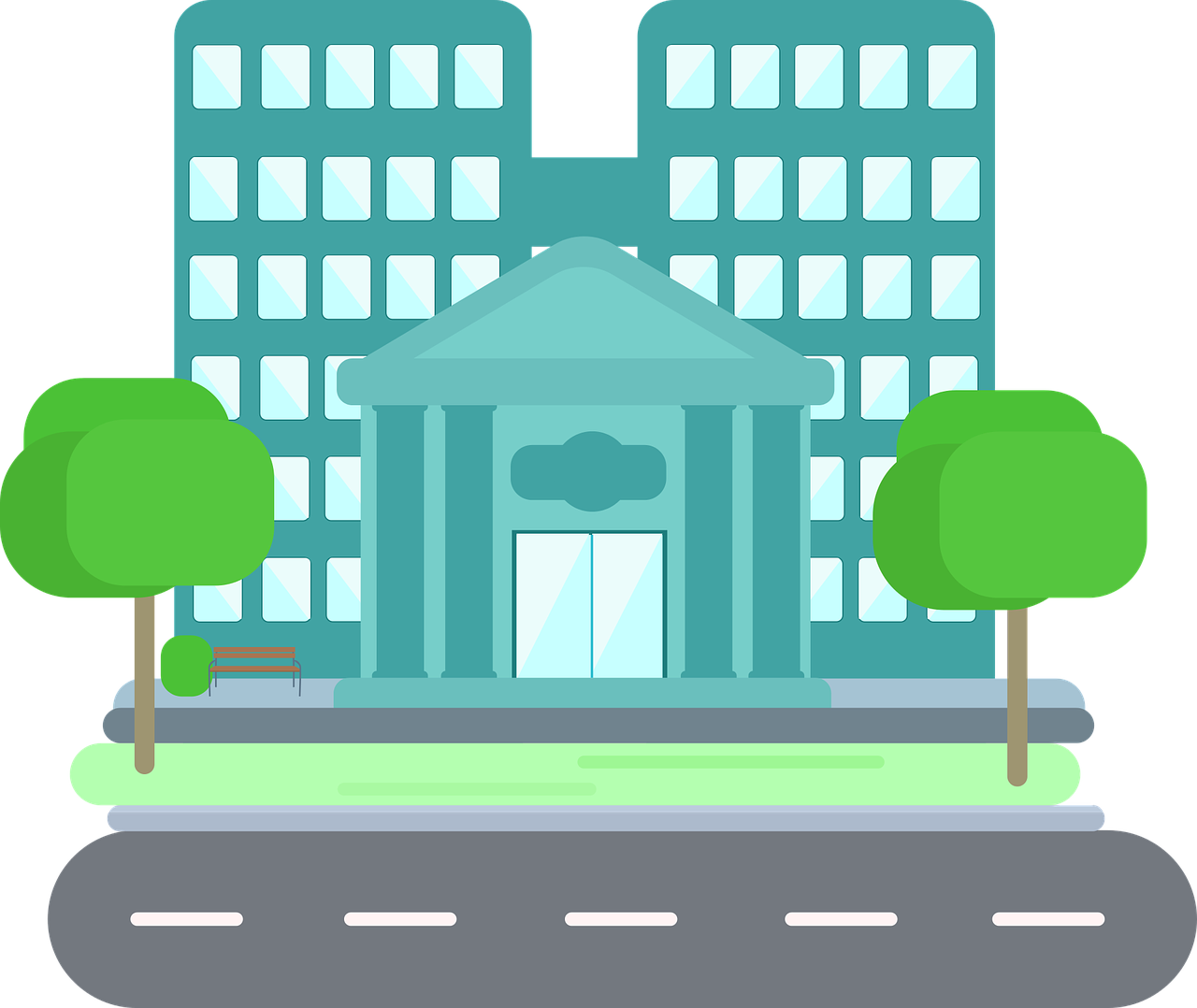 a building with trees in front of it, trending on pixabay, set inside of the bank, detailed 2d illustration, a beautiful artwork illustration, icon