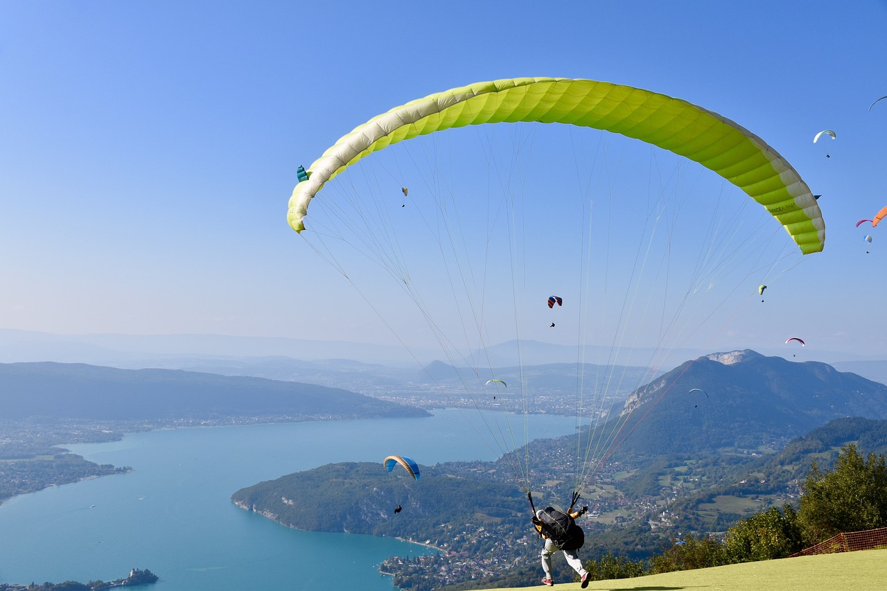 a man standing on top of a lush green hillside, a picture, by Niko Henrichon, shutterstock, parachutes, soaring over a lake in forest, chartreuse and orange and cyan, concert