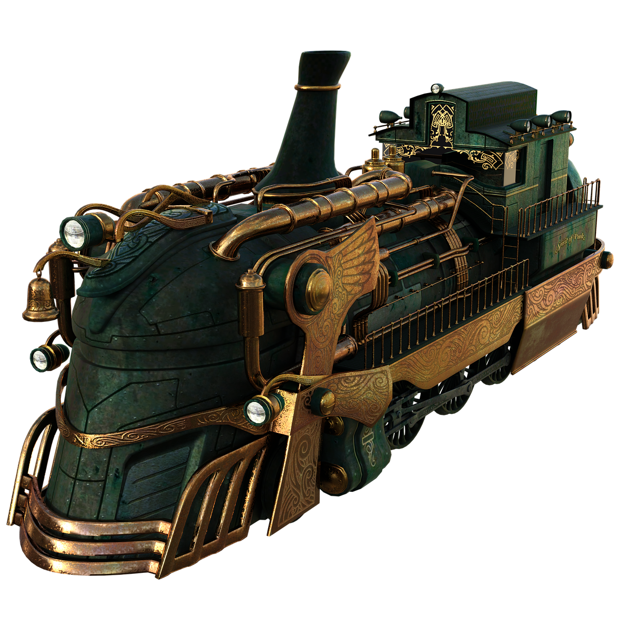 a close up of a train on a black background, by Artur Tarnowski, polycount contest winner, renaissance, green steampunk lasers, ornate gilded cosmic machine, 3 d render of jerma 9 8 5, heavy jpeg artifact