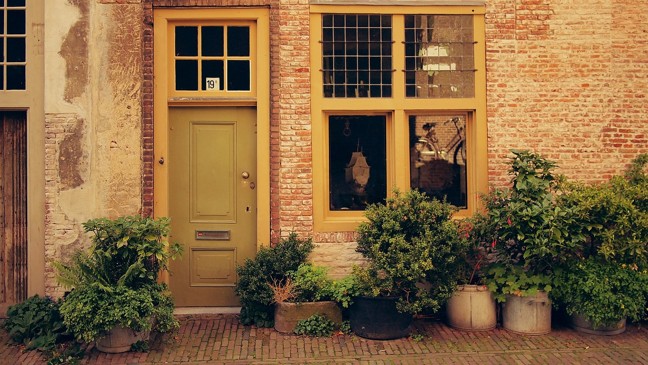a brick building with potted plants in front of it, a photo, by Jacob Esselens, yellow and olive color scheme, dutch golden age, wood door, old pawn shop