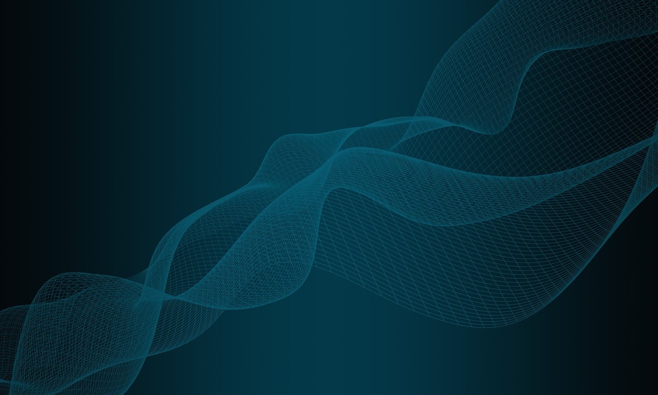 a wave of blue lines on a black background, digital art, by Andrei Kolkoutine, shutterstock, generative art, dark teal, mesh roots. closeup, banner, on simple background