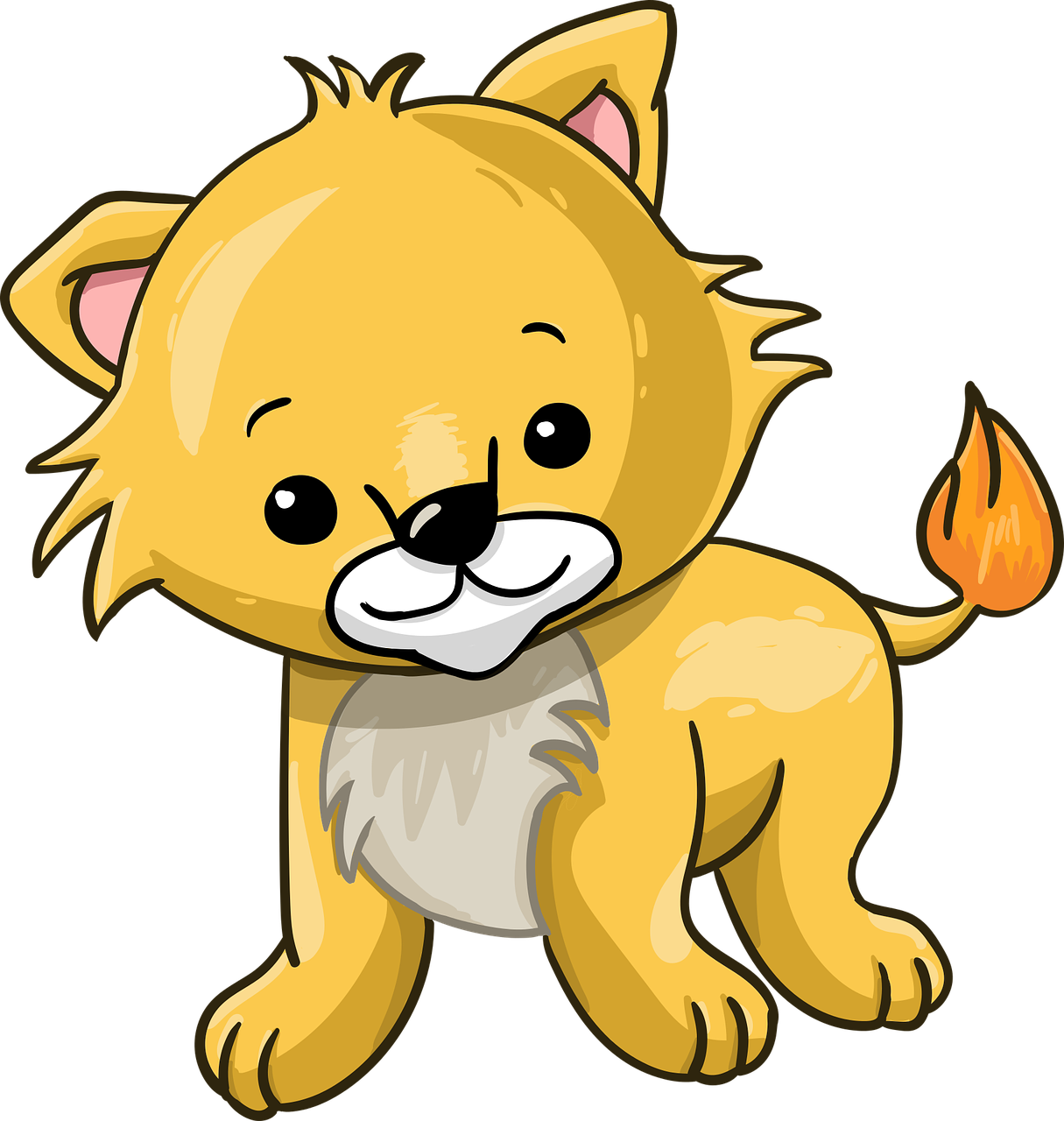 a close up of a cartoon cat on a black background, a digital rendering, fire lion, very cute and childlike, a dingo mascot, clipart
