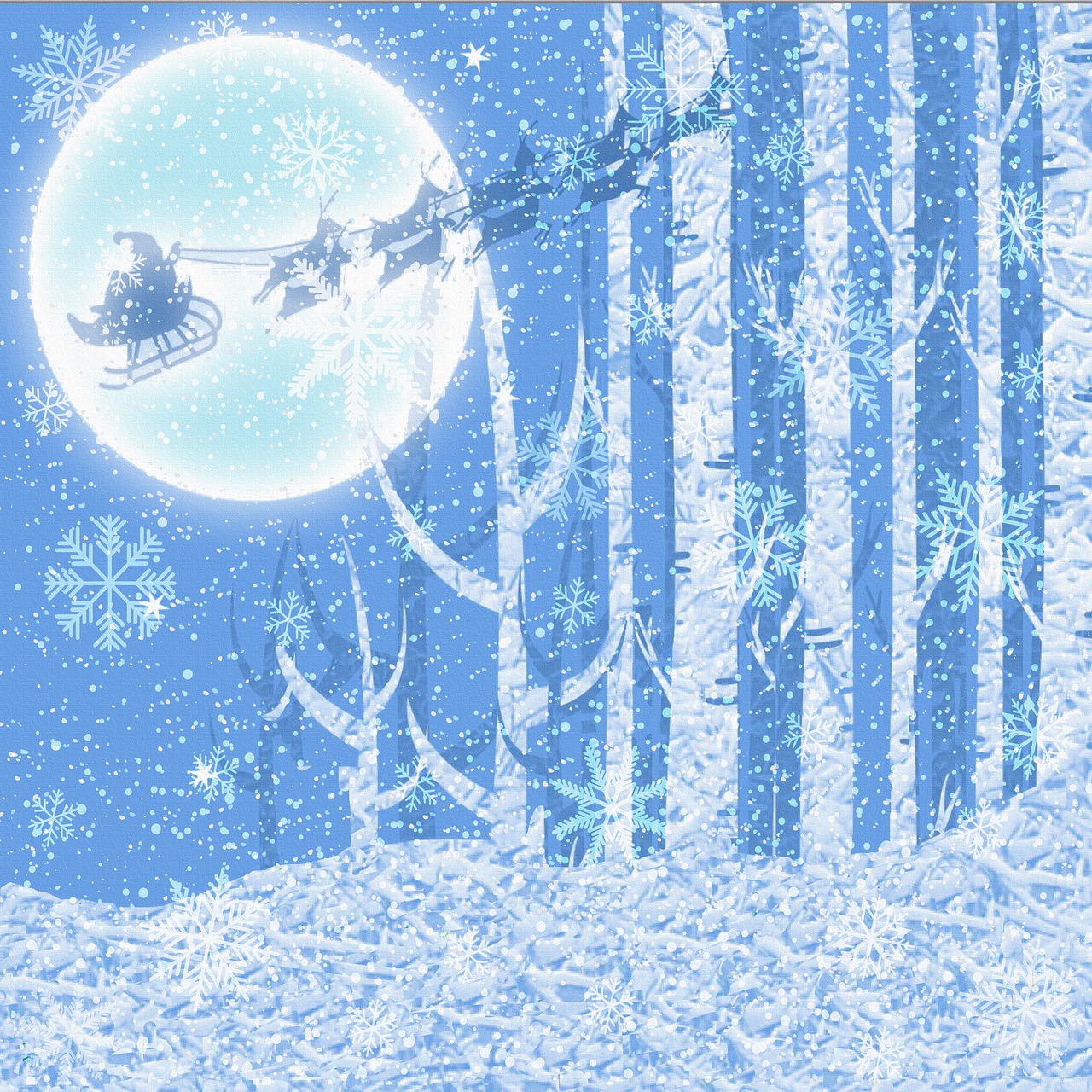 a santa claus sleigh flying over a snowy forest, a digital rendering, inspired by Sylvia Sleigh, blue and silver, blue moon, cut, transparent backround