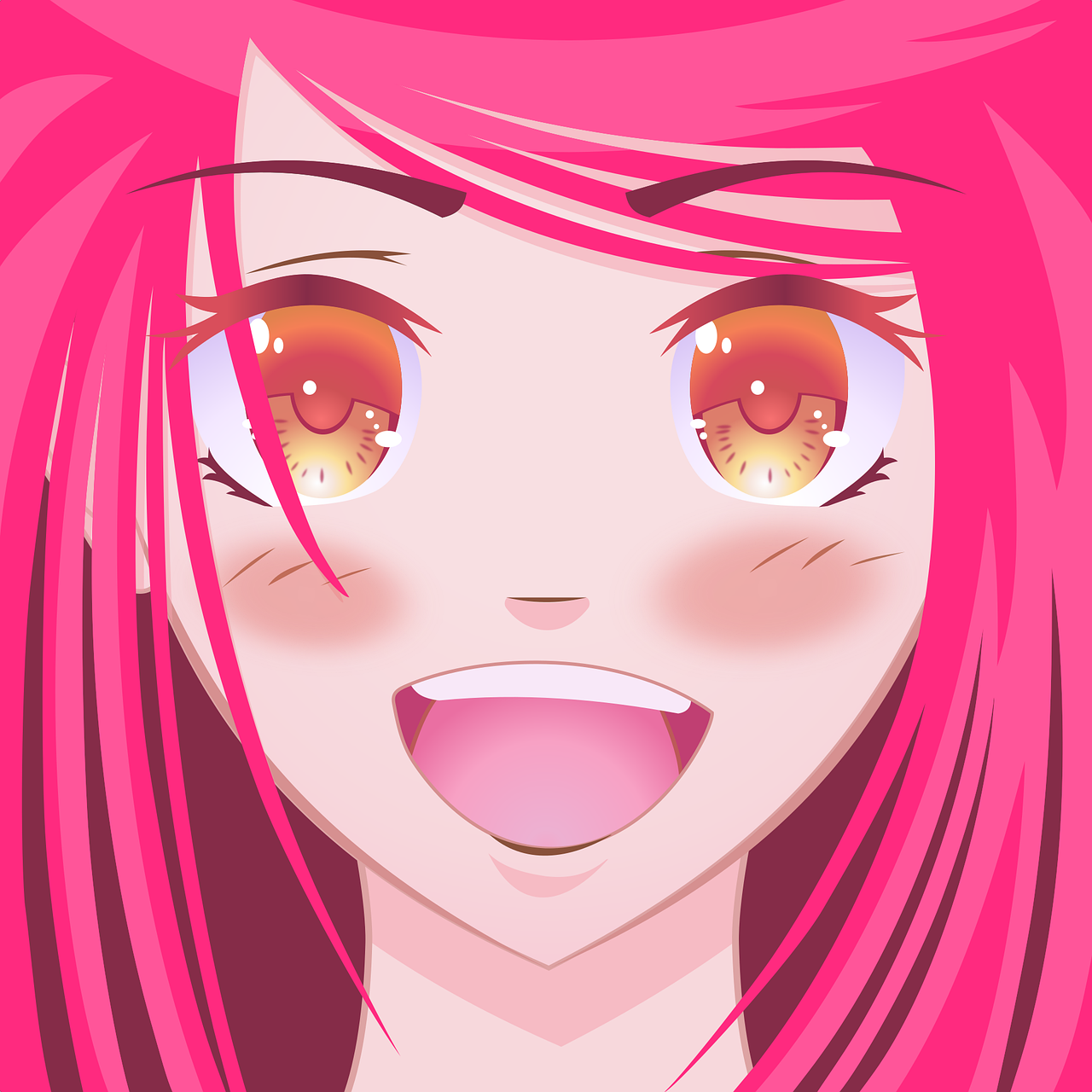 a close up of a person with pink hair, inspired by Takehisa Yumeji, pixiv contest winner, !!! very coherent!!! vector art, happy smiling human eyes, ecstatic expression, with long hair and piercing eyes