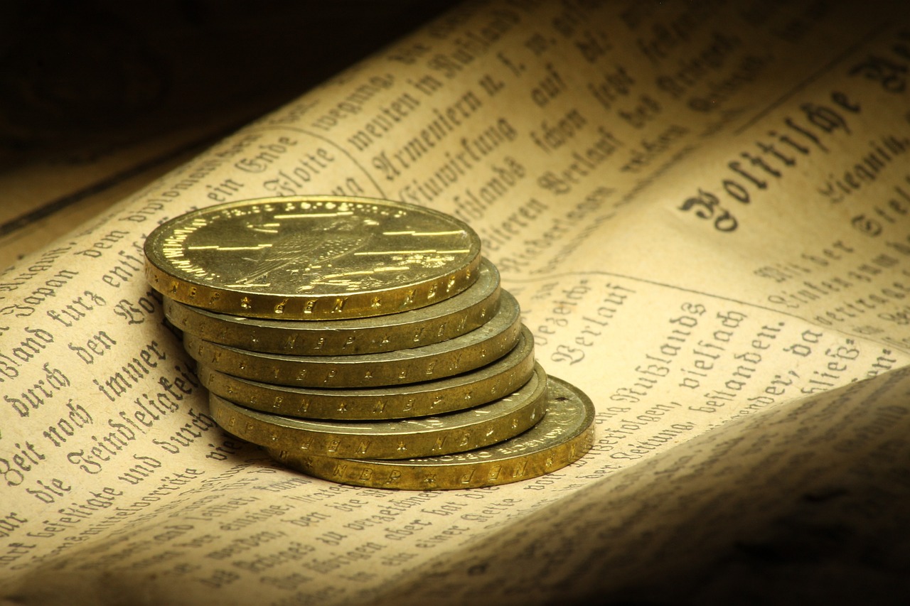 a stack of coins sitting on top of a newspaper, by Dietmar Damerau, trending on pixabay, renaissance, inlaid with gold, sepia, 1759, video still