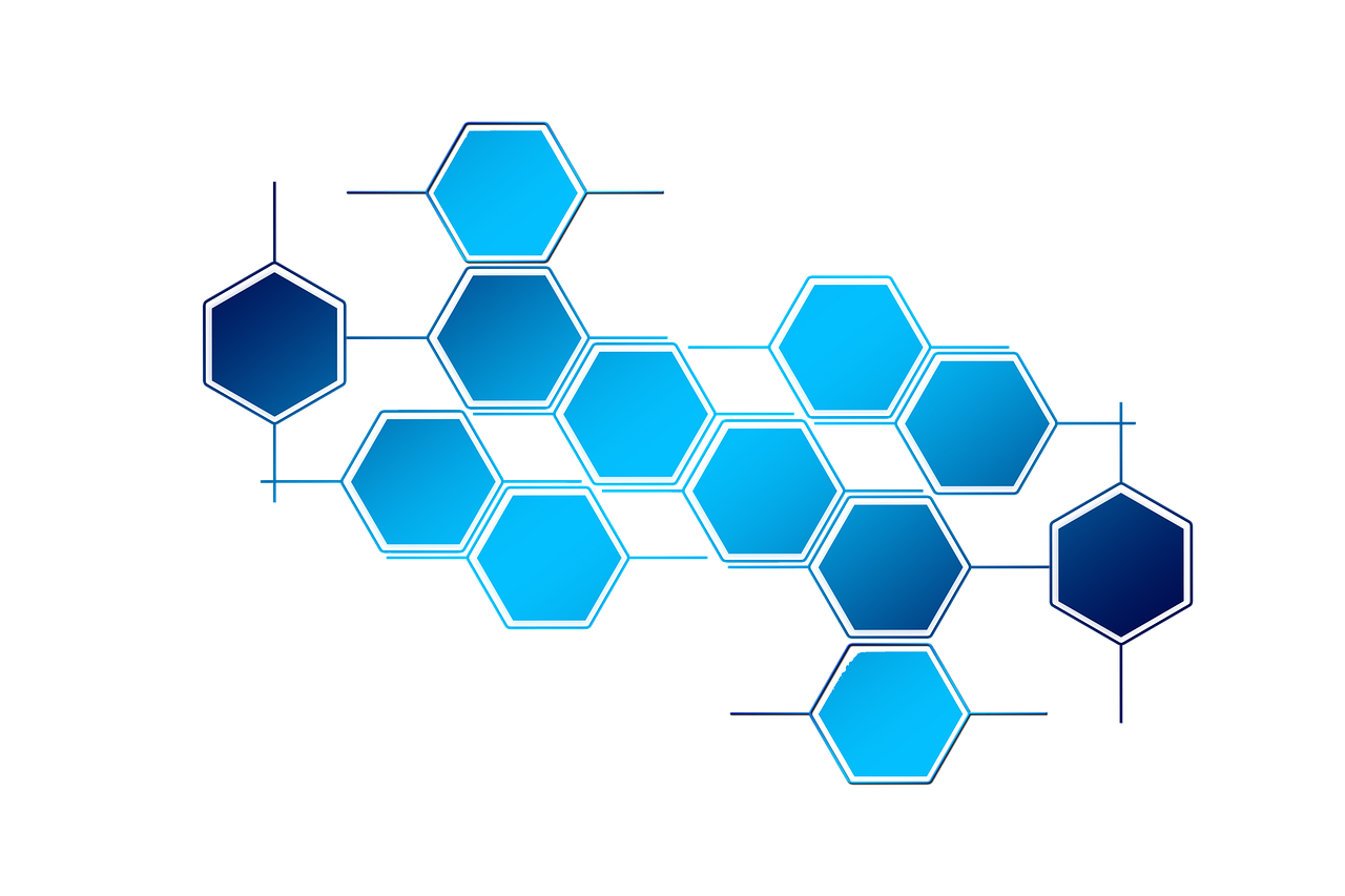 a group of blue hexagons on a black background, inspired by Buckminster Fuller, digital art, simple path traced, bio chemical illustration, cyberpunk brackets, panels