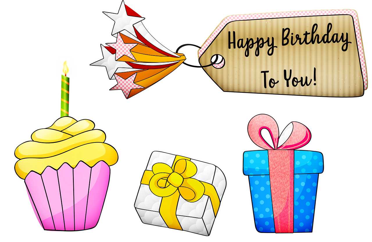 a bunch of birthday items on a black background, a digital rendering, by Gwen Barnard, digital art, banners, cartoon carticature, transparent background, background image