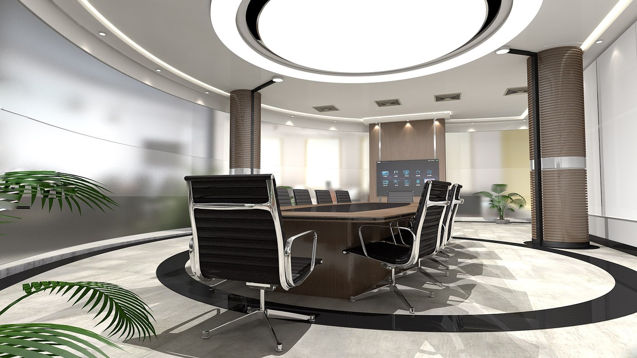 a conference room with a round table and chairs, a digital rendering, shutterstock, art deco, cables and monitors, black show room, architectural visualisation, high-details