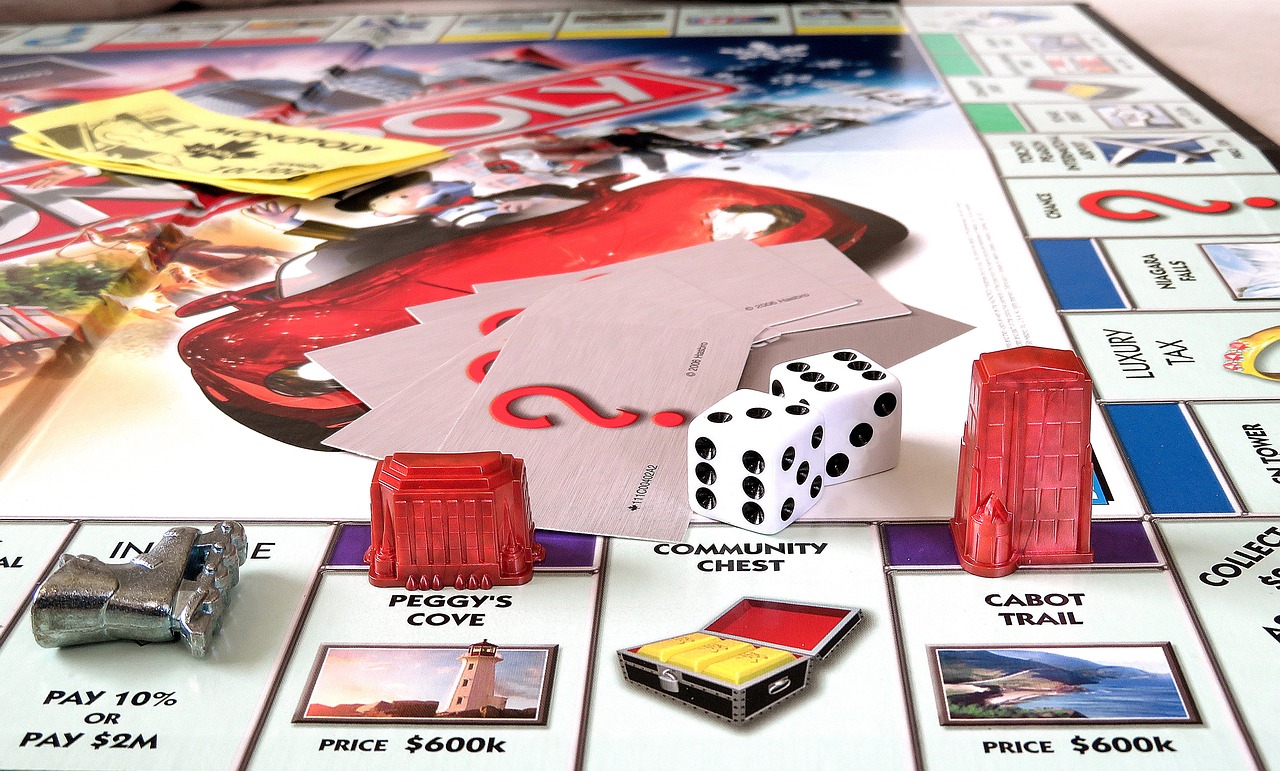 a monopoly board with dice and cards on it, a stock photo, by Greg Rutkowski, photorealism, silver red white details, harbor, amazing!, misty