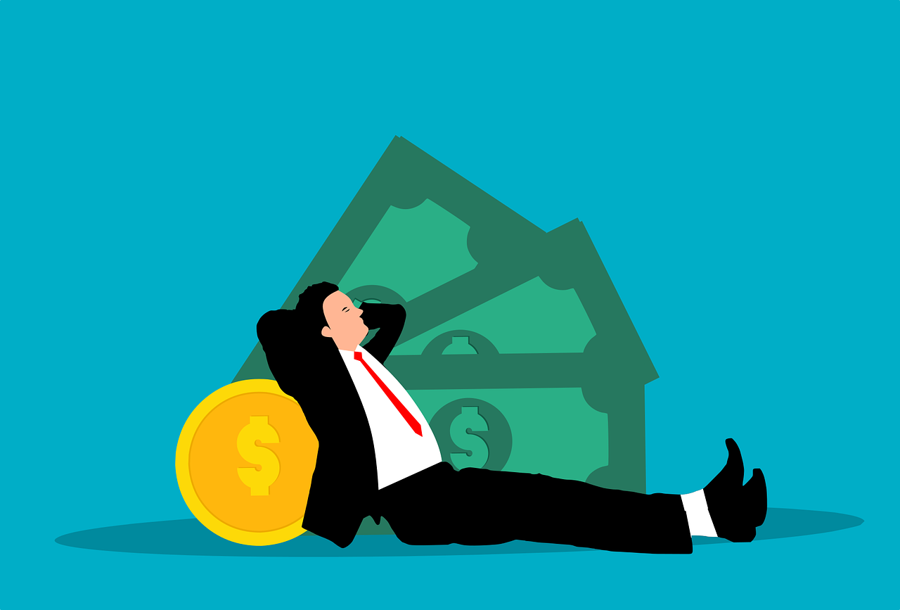 a man laying on the ground next to a pile of money, an illustration of, trending on pixabay, figuration libre, business men, coin, the wolf of wall street, flat - color