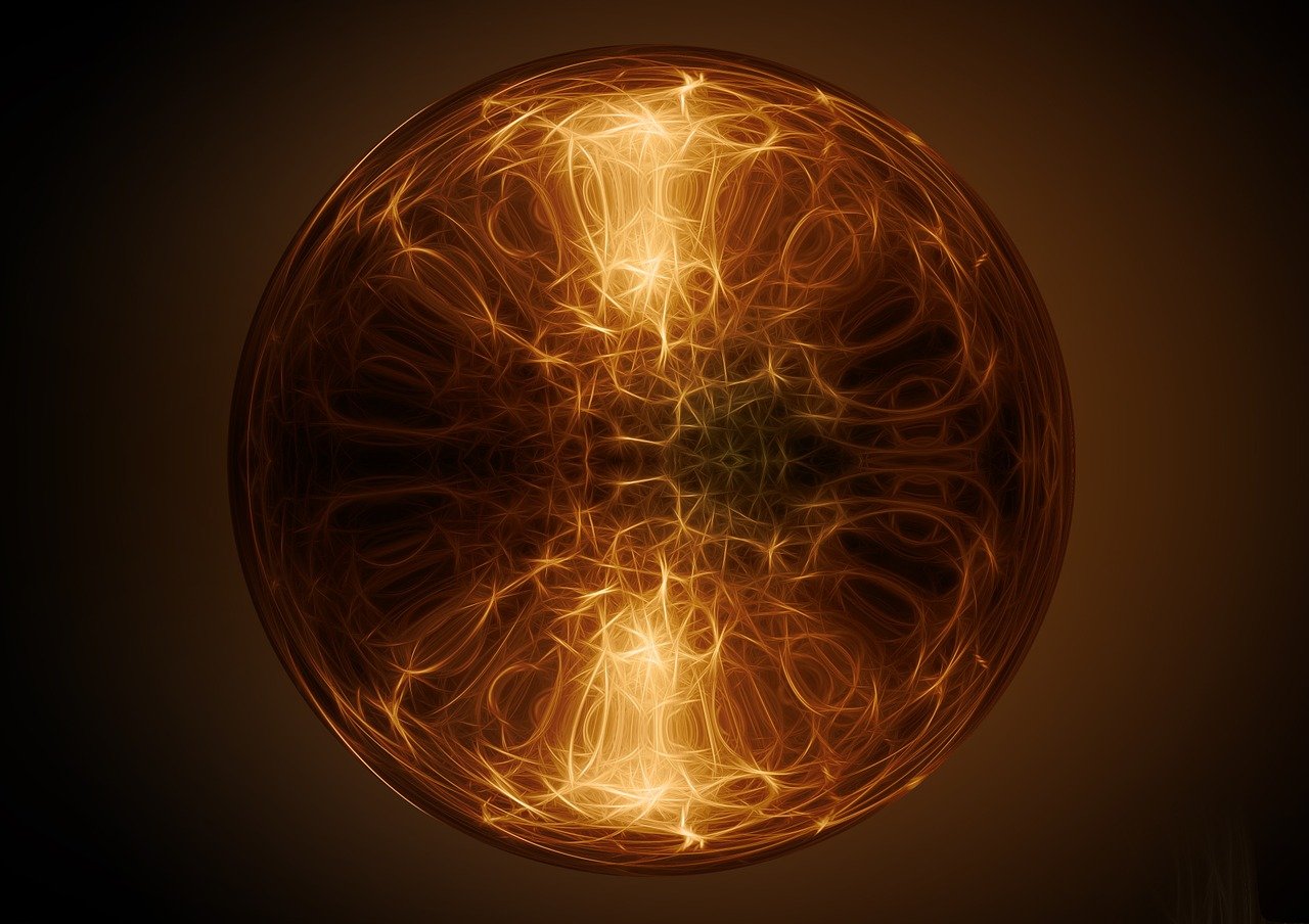 a close up of a glowing object in a dark room, digital art, glowing magma sphere, fractal tarot card style, coherent photo