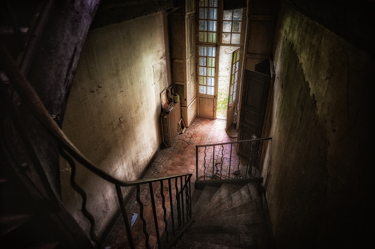 a set of stairs leading up to an open door, a picture, by Cedric Peyravernay, an old abandoned mansion, bastien lecouffe deharme, paul barson, coming down the stairs