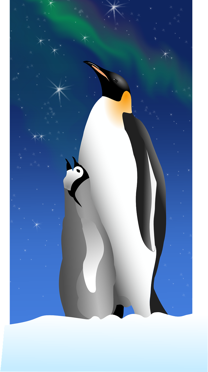 a couple of penguins standing next to each other, inspired by Jean-Léon Gérôme, furry art, on a clear night sky, vectorised, closeup!!, hugging