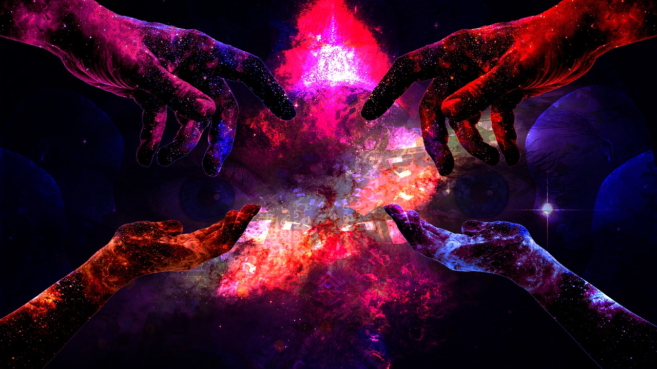 a group of hands reaching towards each other, digital art, psychedelic art, red and purple nebula, mystic eye, striking artistic concept, splashes of neon clouds