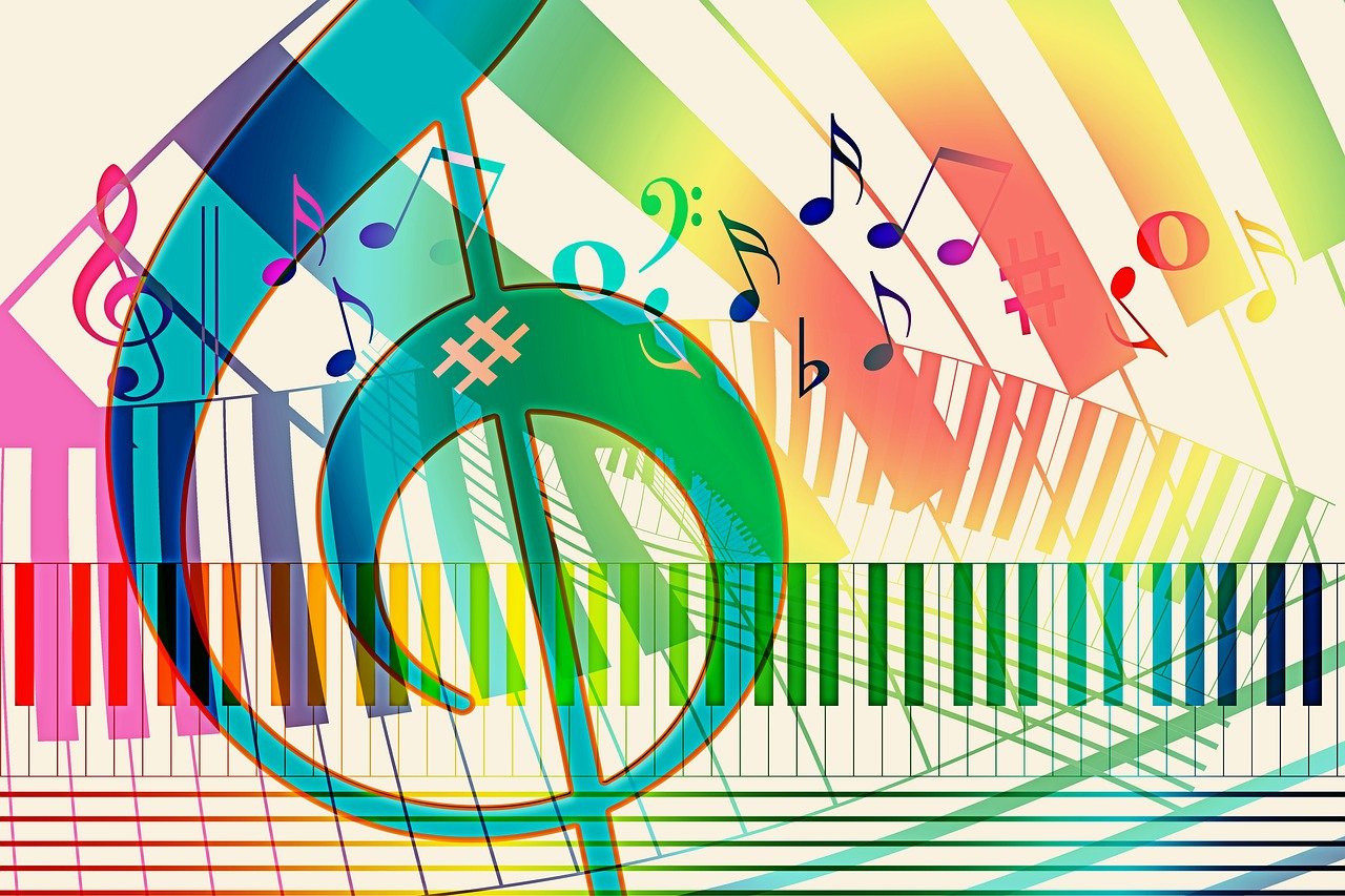 a musical note sitting on top of a piano keyboard, vector art, shutterstock, orphism, rainbow stripe background, band playing instruments, fibonacci rhythms, exquisite masterpiece