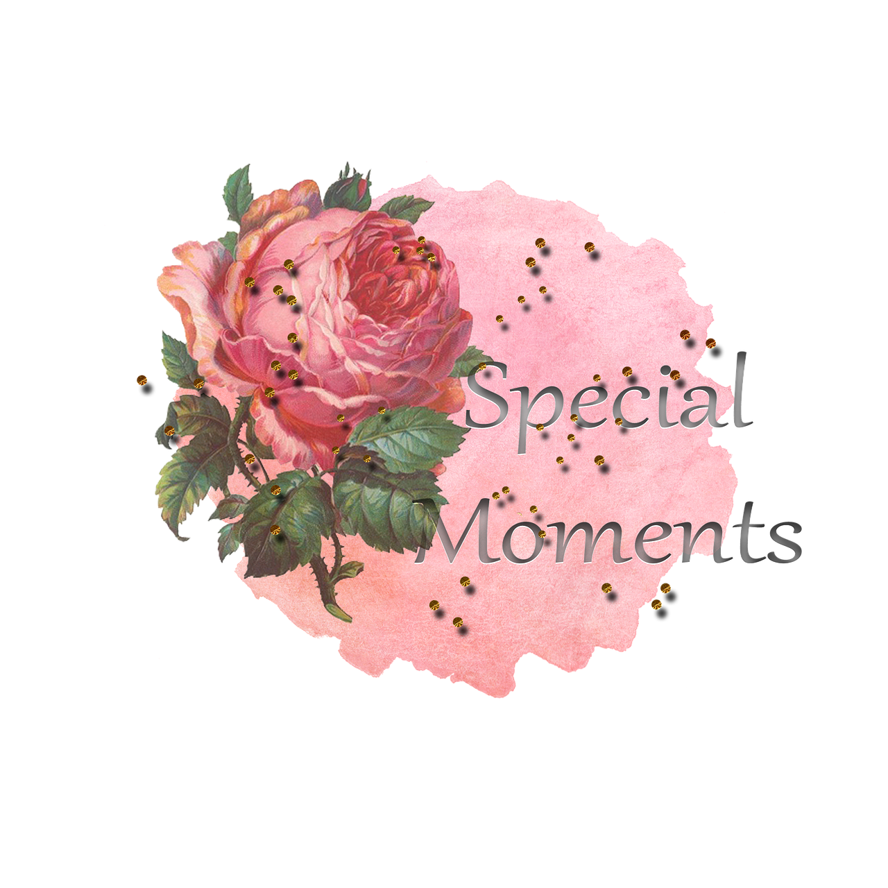 a pink rose with the words special moments on it, digital art, rococo elements, 3 4 5 3 1, black, monet painted