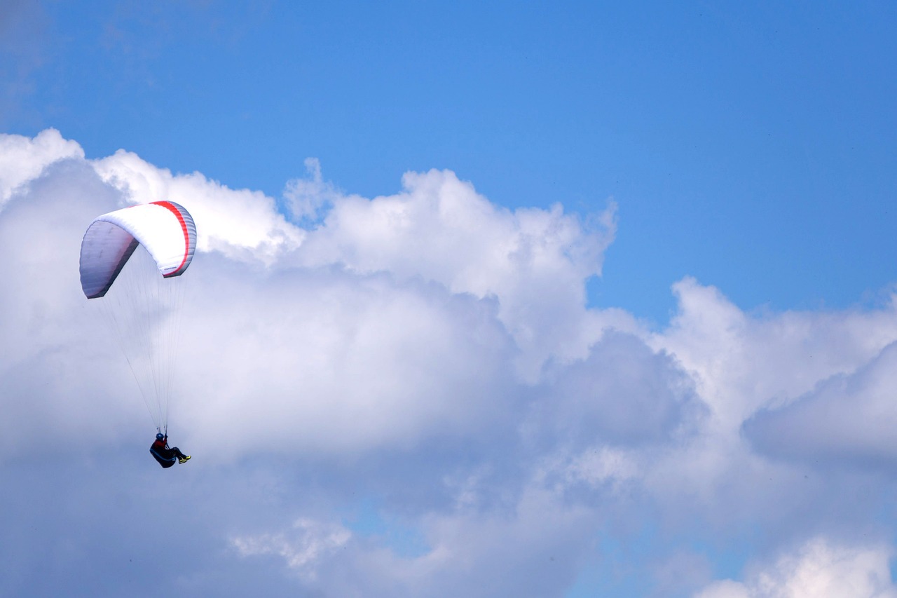 a person that is flying a kite in the sky, by Jan Rustem, puffy white clouds, banner, skydiving, b - roll