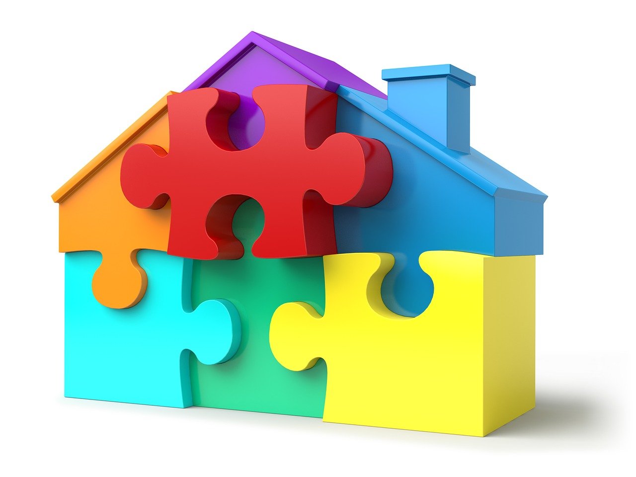 a house made out of colorful puzzle pieces, a digital rendering, hug, settlement, interlocked, mark