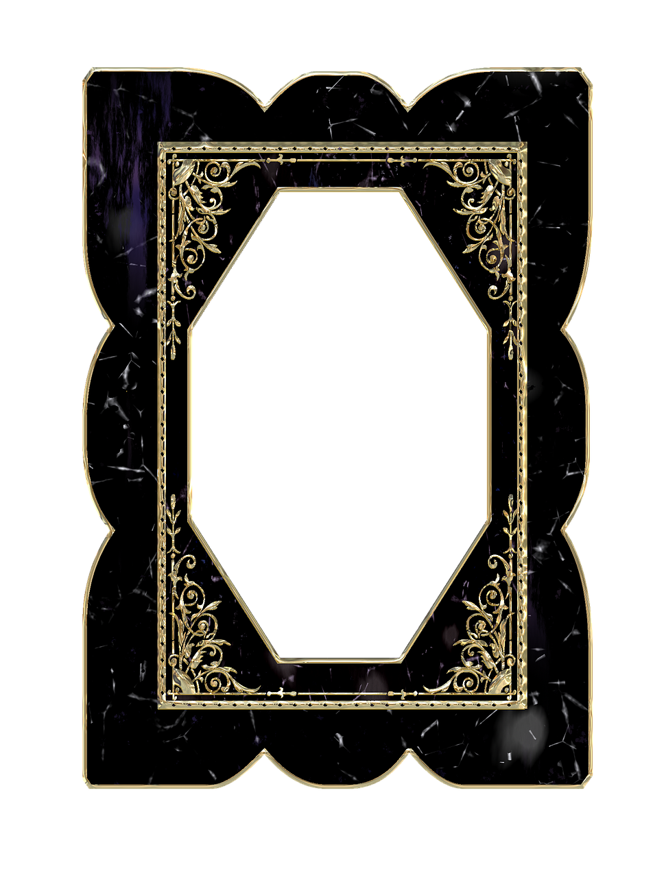 a black and gold frame on a black background, an album cover, tumblr, art deco, highly detailed marble cloth, gothic background, fractal frame, the front of a trading card