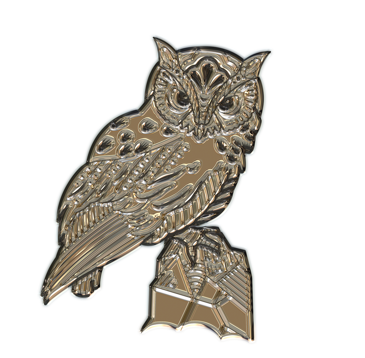 an owl sitting on top of a metal object, a raytraced image, inspired by Aldus Manutius, badge, clear detailed view, librarian, angled view