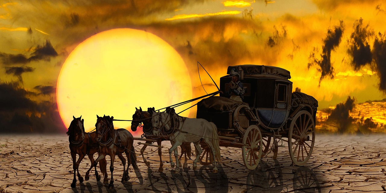 a group of horses pulling a carriage across a desert, a digital rendering, pixabay contest winner, romanticism, inspired western comic, sun setting, regency-era, dead redemption