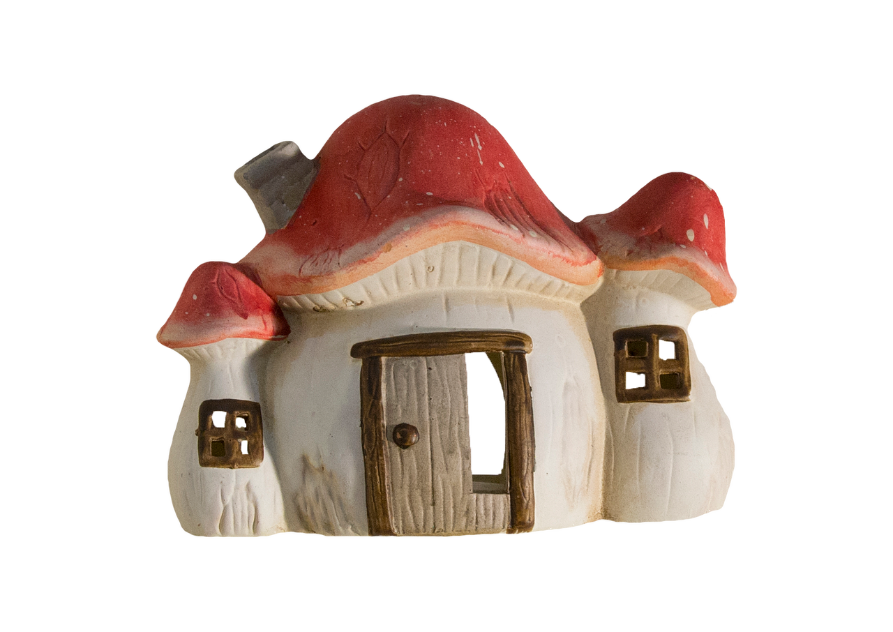 a small white house with a red roof, by Itshak Holtz, mushrooms, close-up product photo, 8 0 0 mm, prop