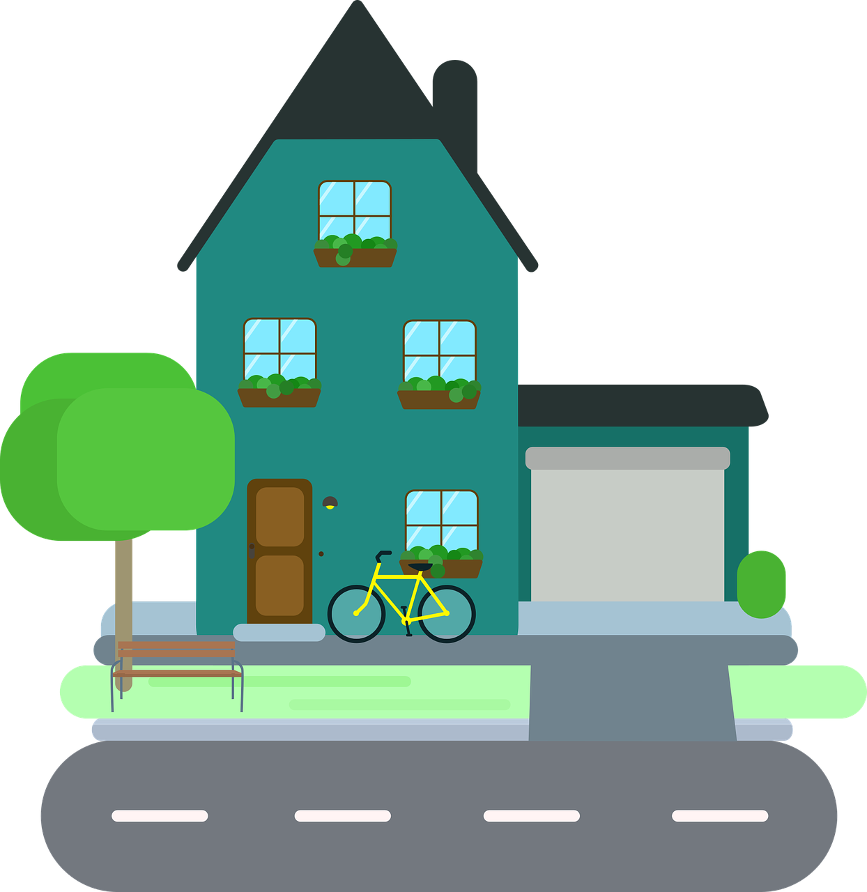 a house with a bicycle parked in front of it, a digital rendering, pixabay contest winner, naive art, on a flat color black background, green colored theme, driveway, clipart