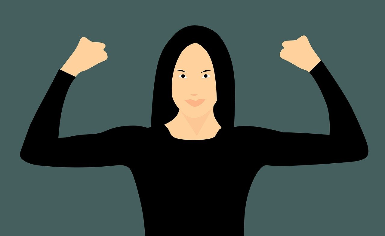 a woman with her arms in the air, vector art, by Tom Carapic, pixabay contest winner, feminist art, showing strong muscles, wearing a black shirt, symmetrical face happy, she is ready to fight