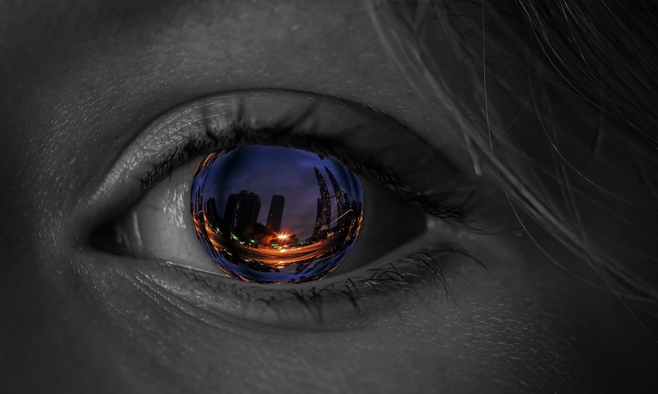 a close up of a person's eye with a reflection of a city, a picture, by Joze Ciuha, pixabay, digital art, night life, fisheye, eye of a woman, looking over city