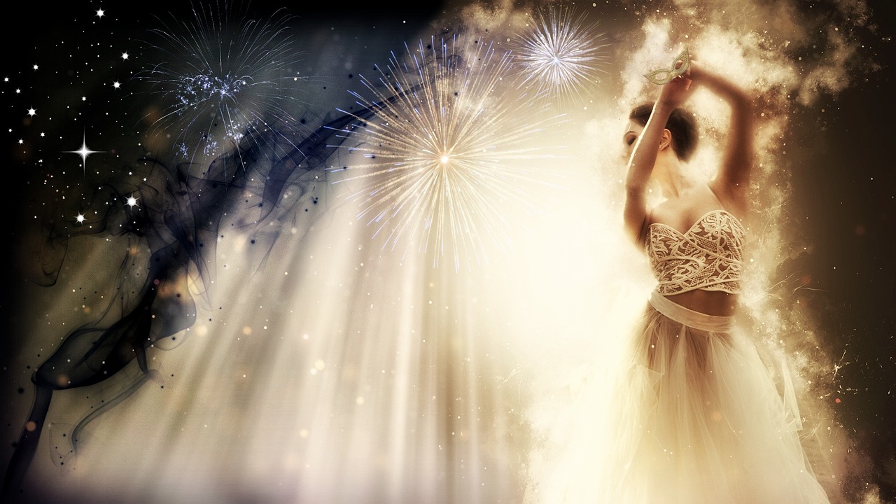 a woman in a white dress with fireworks in the background, shutterstock contest winner, romanticism, rendering of beauty pageant, ballet performance photography, rays of shimmering light, background image